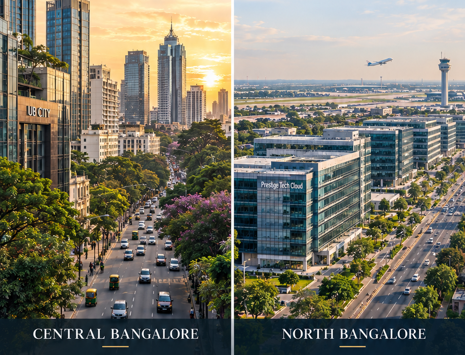Central vs North Bangalore office leasing in 2026 – Feroze Estate comparison of accessibility, talent, airport connectivity and office growth