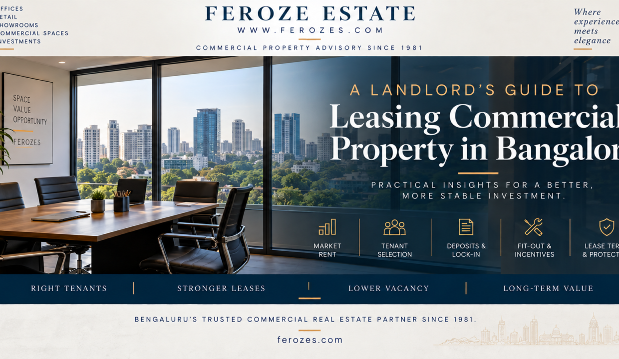 Landlord’s guide to leasing commercial property in Bangalore by Feroze Estate, covering market rent, tenant selection, deposits, lock-in, fit-out incentives and lease terms.
