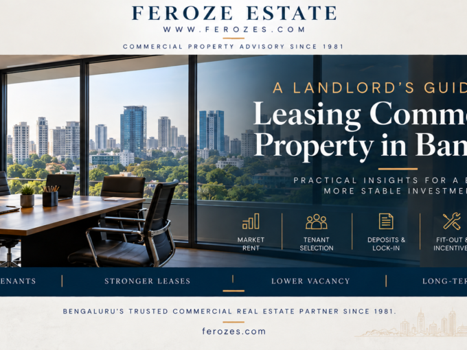 Landlord’s guide to leasing commercial property in Bangalore by Feroze Estate, covering market rent, tenant selection, deposits, lock-in, fit-out incentives and lease terms.