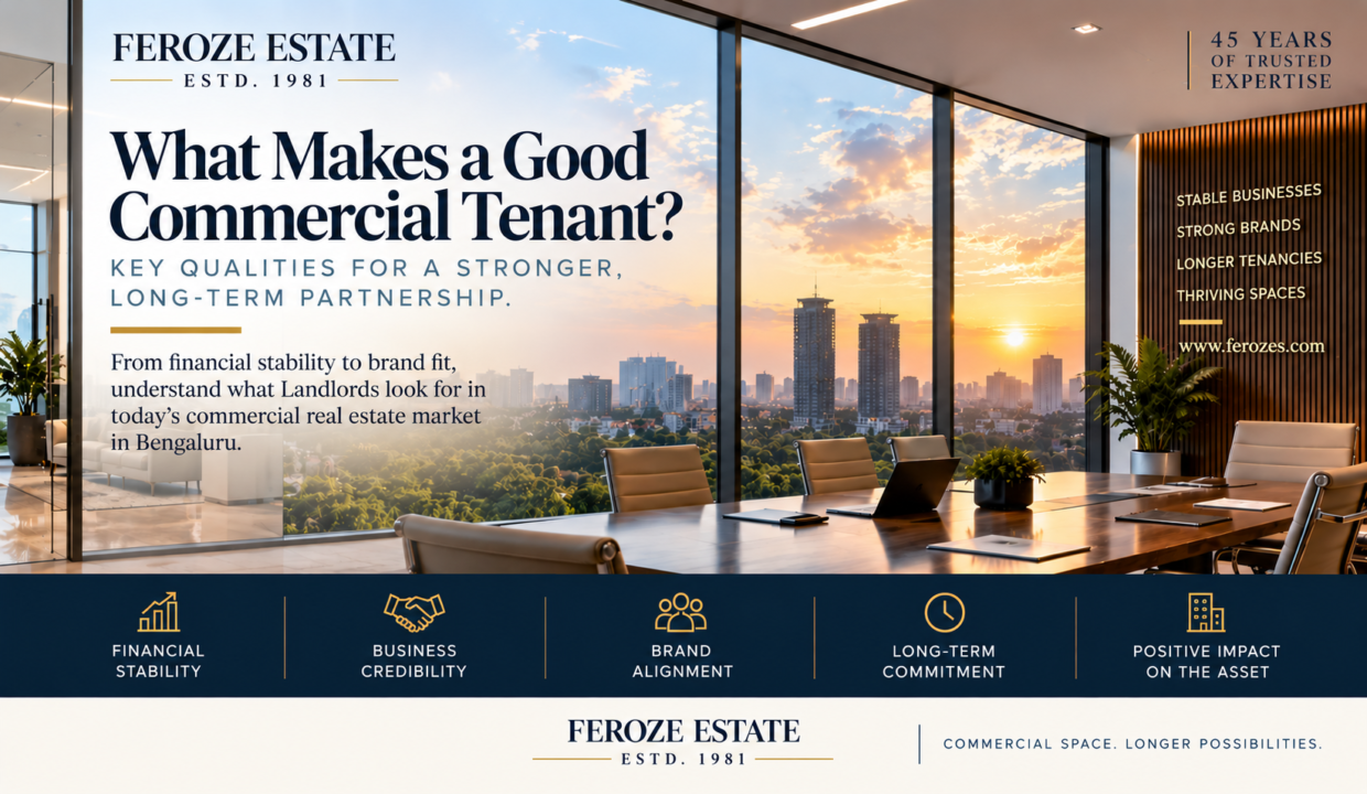 Good commercial tenant guide for Bangalore landlords by Feroze Estate, highlighting financial strength, suitable use, lease tenure, responsible occupation and long-term value.