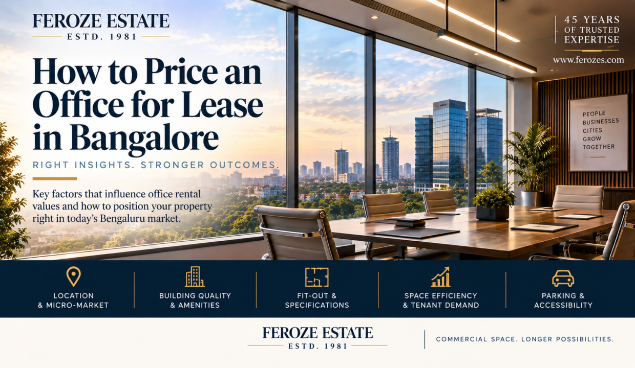 How to price an office for lease in Bangalore by Feroze Estate, covering location, building quality, floor efficiency, fit-out, parking, tenant demand, incentives and long-term value.