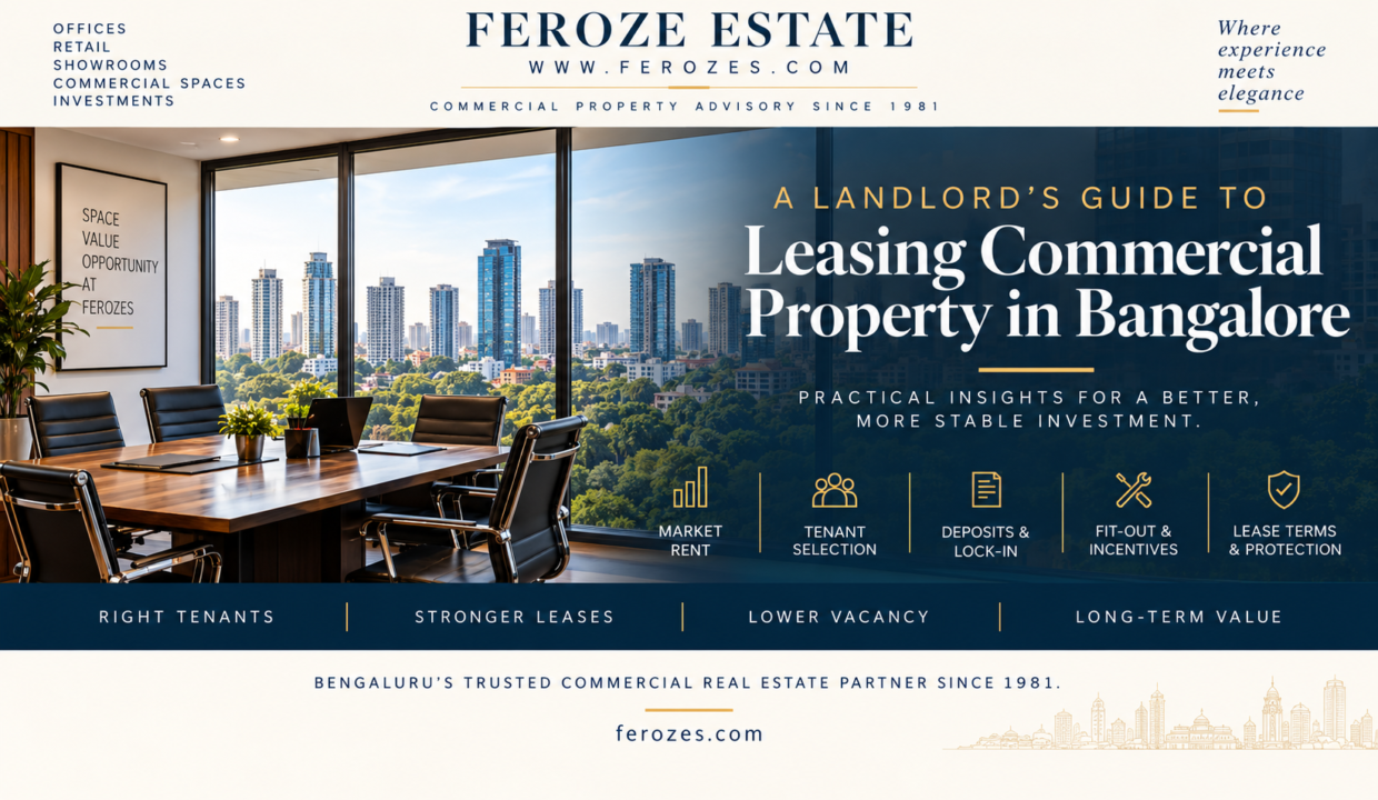 Landlord’s guide to leasing commercial property in Bangalore by Feroze Estate, covering market rent, tenant selection, deposits, lock-in, fit-out incentives and lease terms.