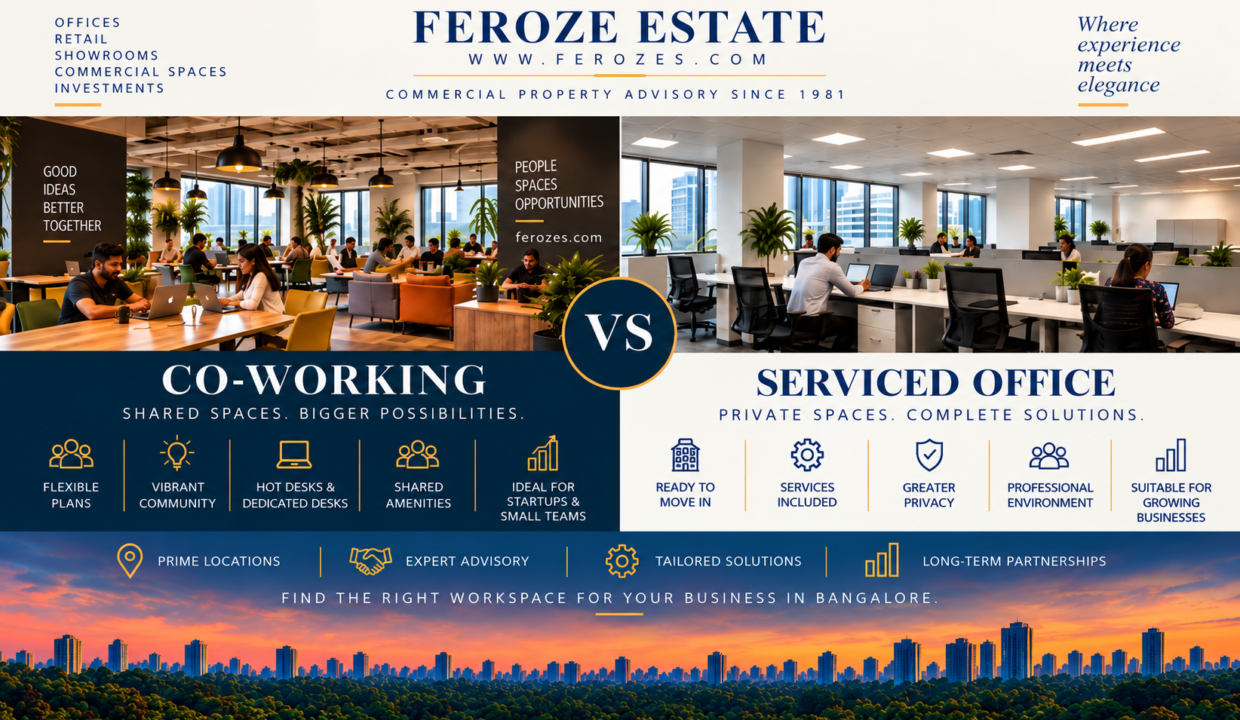 Co-working vs serviced office in Bangalore by Feroze Estate, comparing flexibility, community, privacy, services, ready-to-move workspace and business suitability.