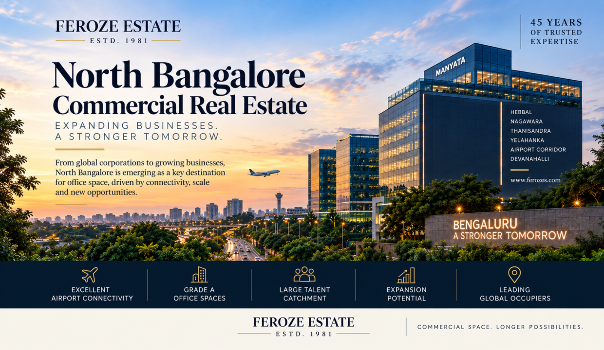 North Bangalore commercial real estate by Feroze Estate, highlighting Hebbal, Manyata, Yelahanka, airport connectivity, Grade A offices, talent catchment and expansion potential.