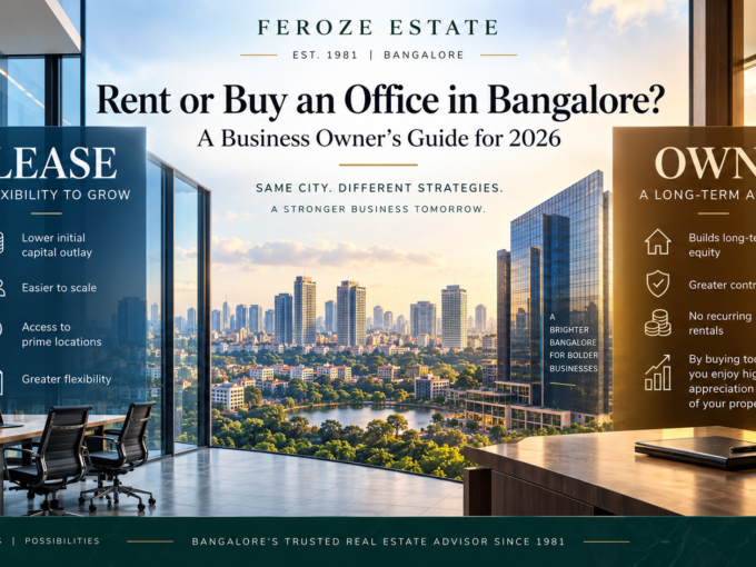 Rent or buy office in Bangalore guide by Feroze Estate showing lease vs own commercial property options