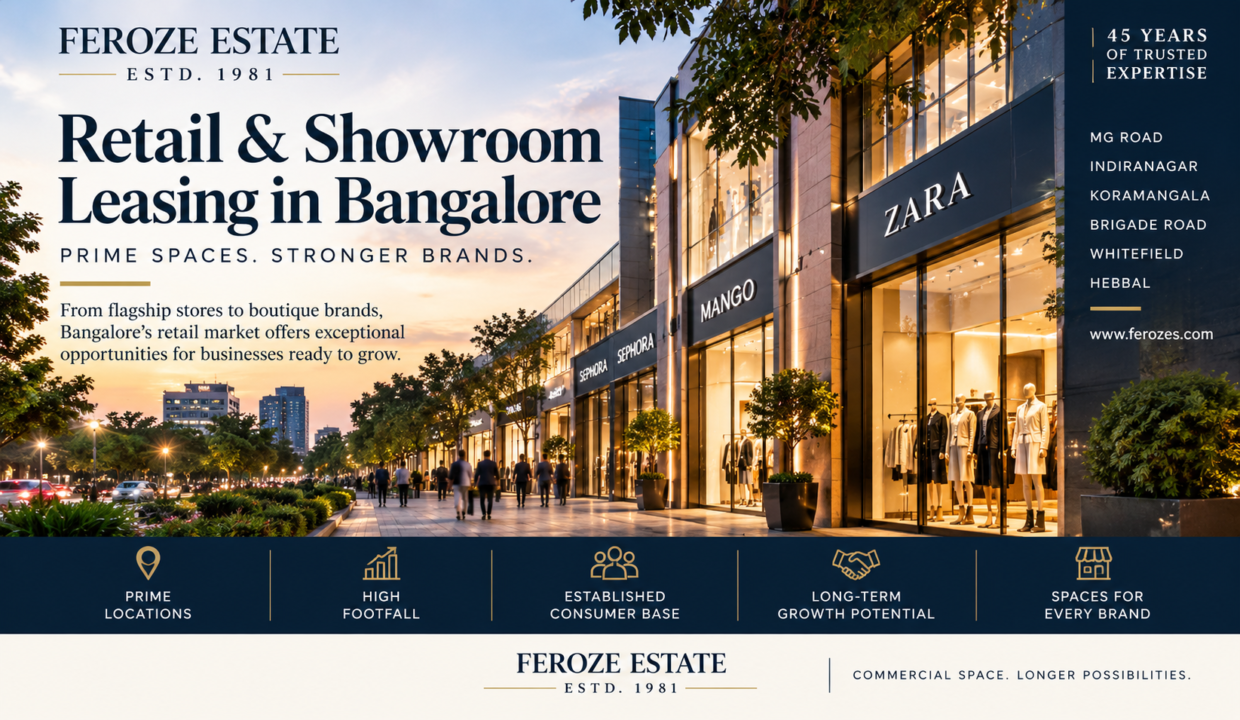 Retail and showroom leasing in Bangalore by Feroze Estate, highlighting prime locations, footfall, visibility, business potential and long-term value.
