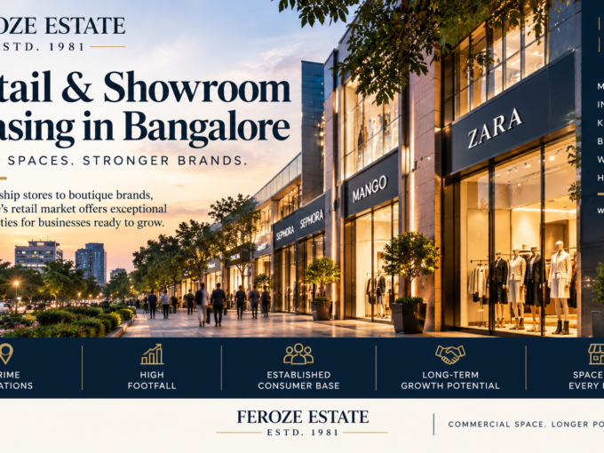 Retail and showroom leasing in Bangalore by Feroze Estate, highlighting prime locations, footfall, visibility, business potential and long-term value.