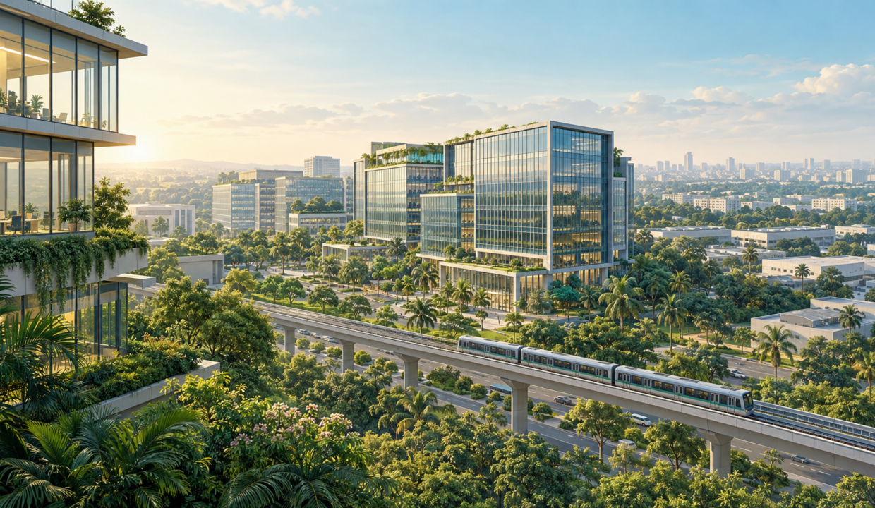 AI-generated illustration of modern office campuses, greenery and metro connectivity inspired by Bangalore.