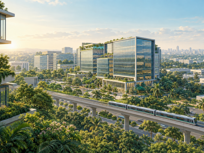 AI-generated illustration of modern office campuses, greenery and metro connectivity inspired by Bangalore.
