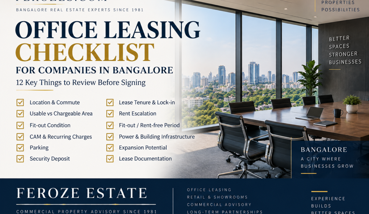 Office leasing checklist for companies in Bangalore covering location, commute, fit-out, parking, lease terms and commercial property advisory by Feroze Estate.