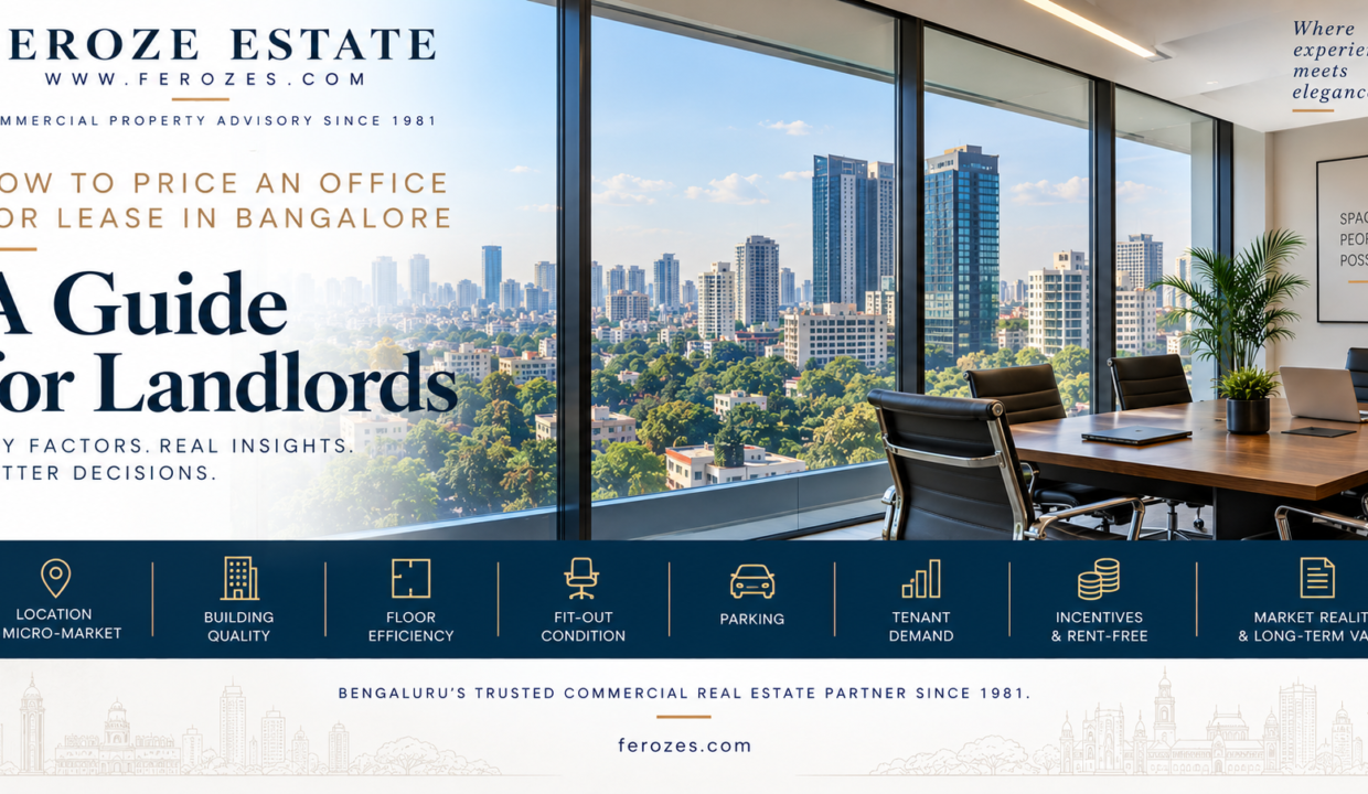 How to price an office for lease in Bangalore by Feroze Estate, covering location, building quality, floor efficiency, fit-out, parking, tenant demand, incentives and long-term value.