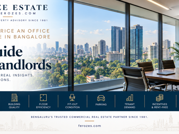 How to price an office for lease in Bangalore by Feroze Estate, covering location, building quality, floor efficiency, fit-out, parking, tenant demand, incentives and long-term value.