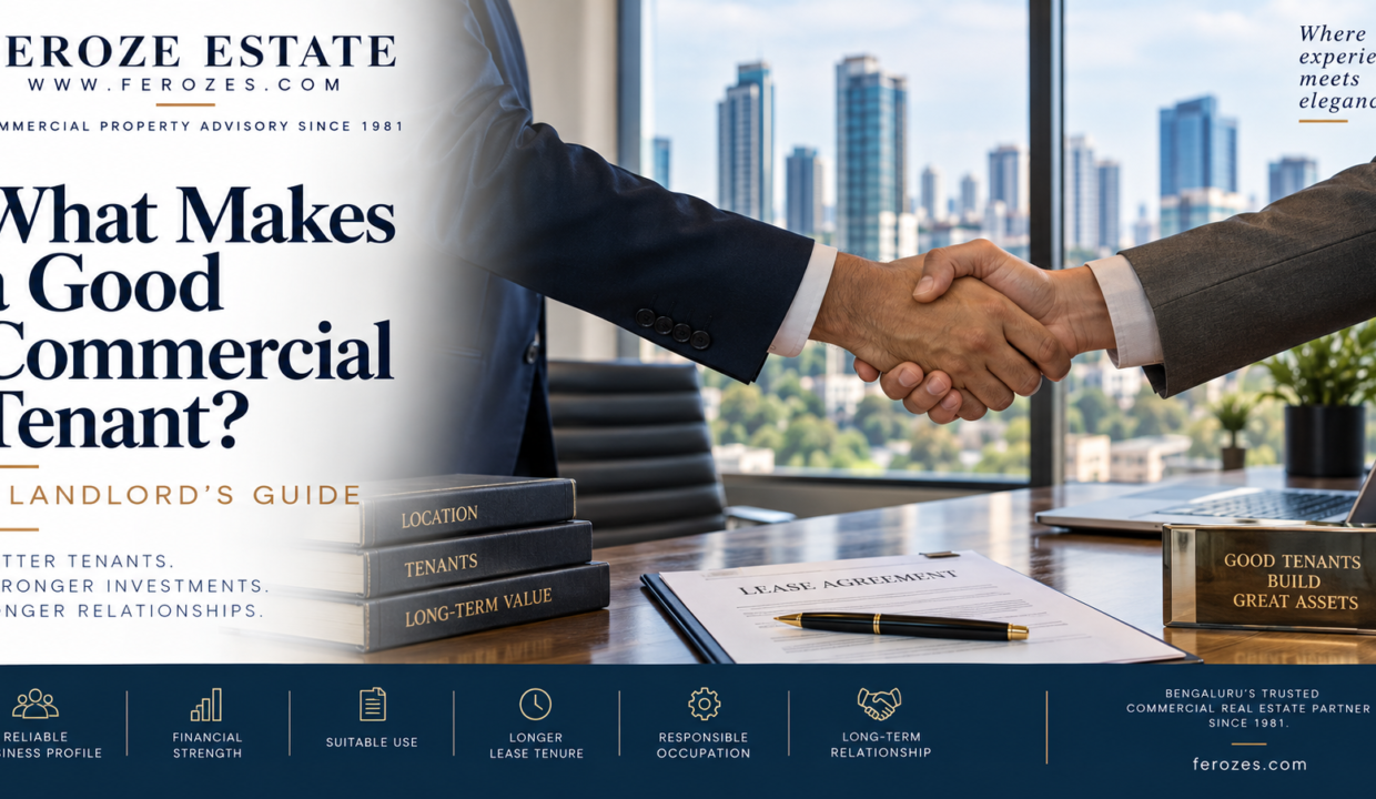 Good commercial tenant guide for Bangalore landlords by Feroze Estate, highlighting financial strength, suitable use, lease tenure, responsible occupation and long-term value.