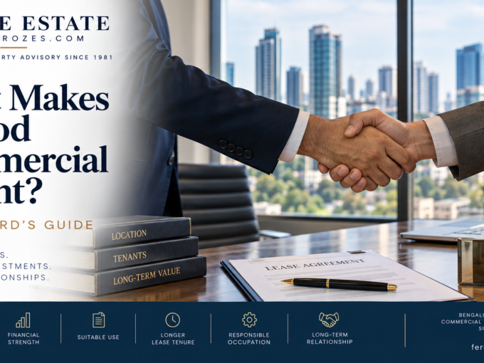 Good commercial tenant guide for Bangalore landlords by Feroze Estate, highlighting financial strength, suitable use, lease tenure, responsible occupation and long-term value.