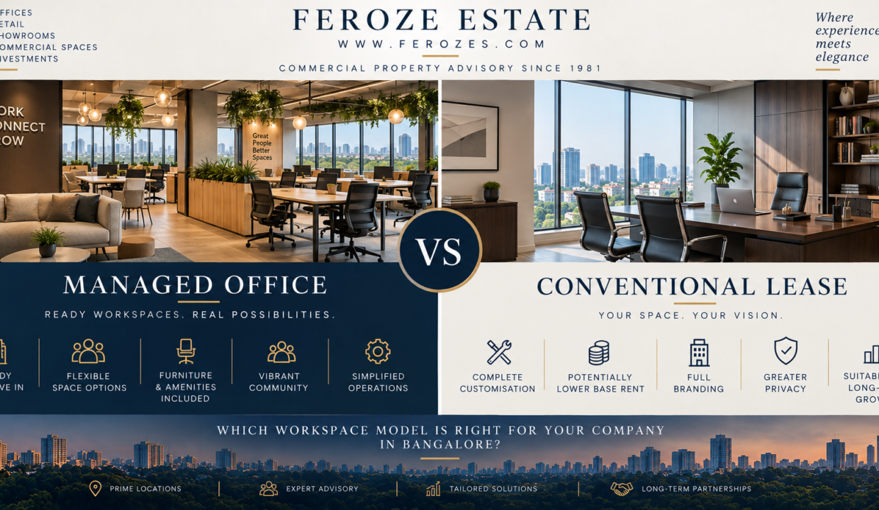 Managed office versus conventional office lease in Bangalore by Feroze Estate, comparing flexibility, furniture, amenities, branding, privacy and long-term workspace needs.