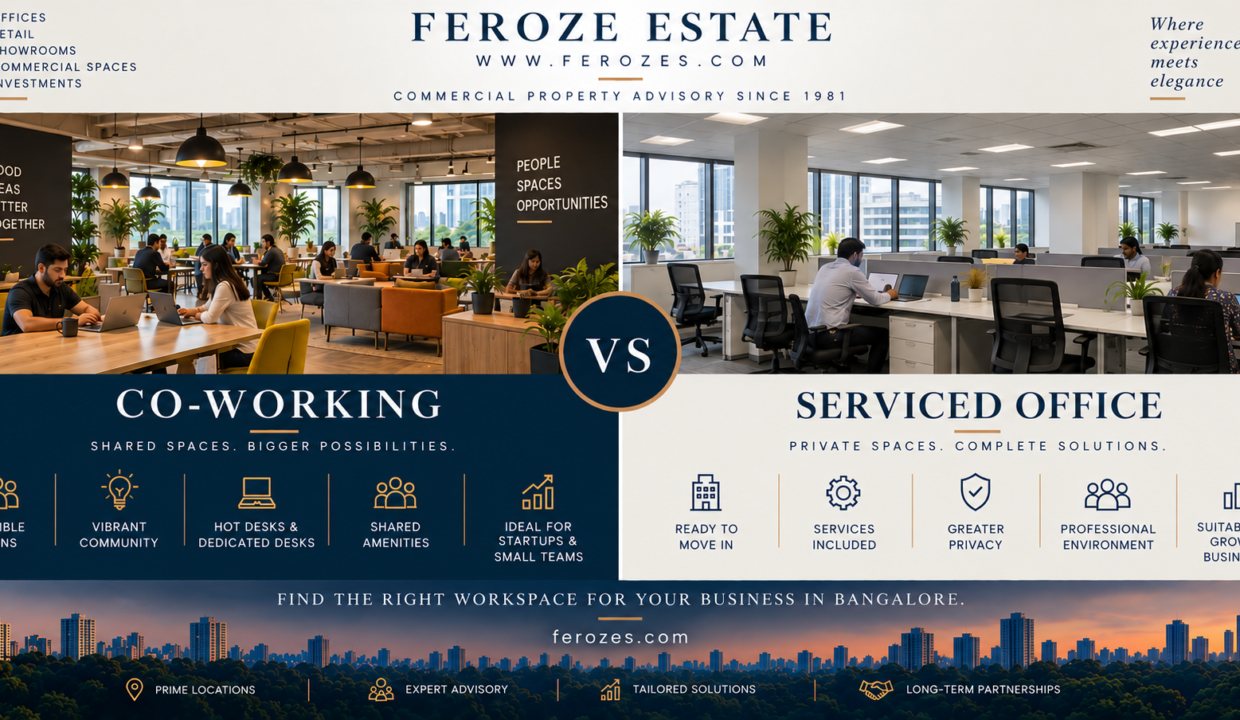 Co-working vs serviced office in Bangalore by Feroze Estate, comparing flexibility, community, privacy, services, ready-to-move workspace and business suitability.