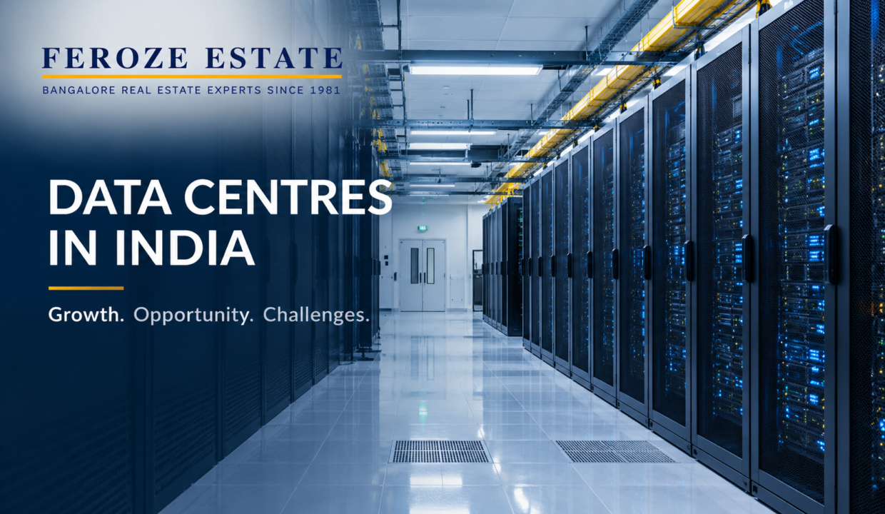 Data centre server racks illustrating the growth, opportunities and challenges of data centres in India, by Feroze Estate.